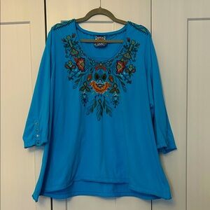 Johnny Was Vibrant Blue Embroidered Women's Blouse/Tunic